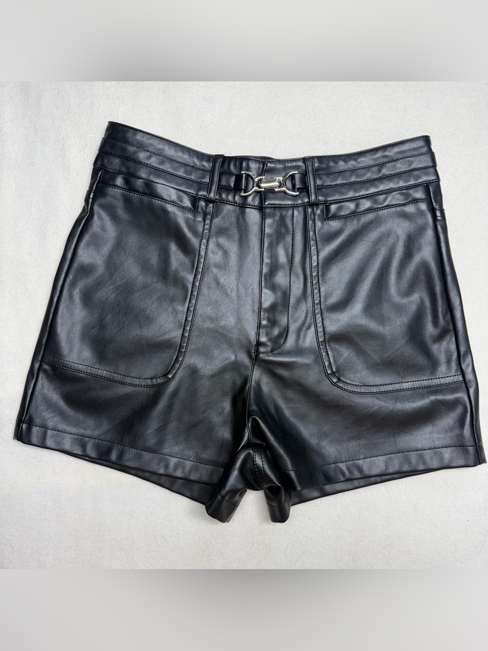 Guess Black High-Waist Faux Leather Shorts with Silver Buckle